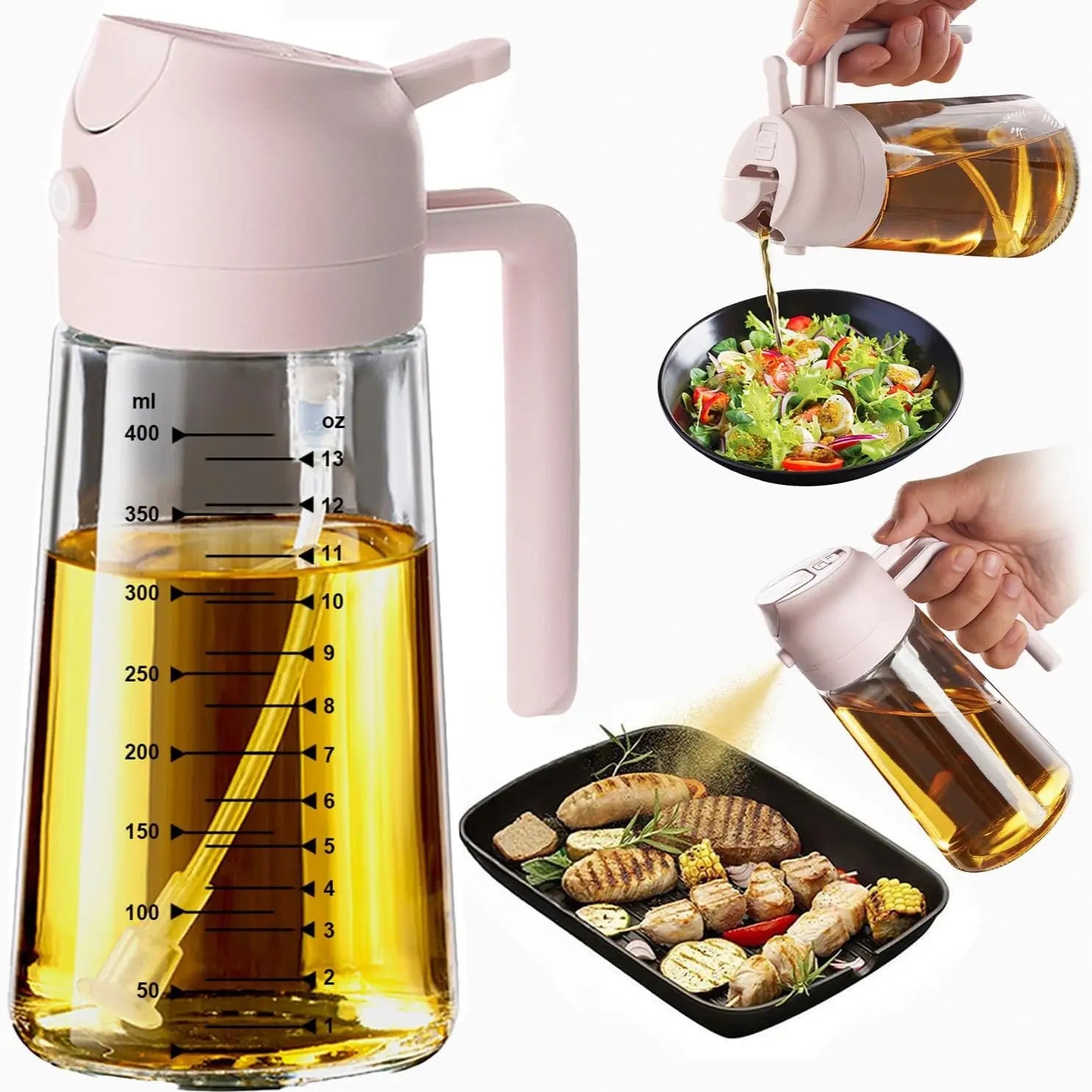 CXINYI 16Oz/470Ml Bpa-Free & Safe PP Glass Oil Sprayer Dispenser, 2-In-1 Heat-Resistant 0-500Ml Oil Mister, Precise Control Kitchen Utensil for Everyday Cooking, Air Fryer Accessories