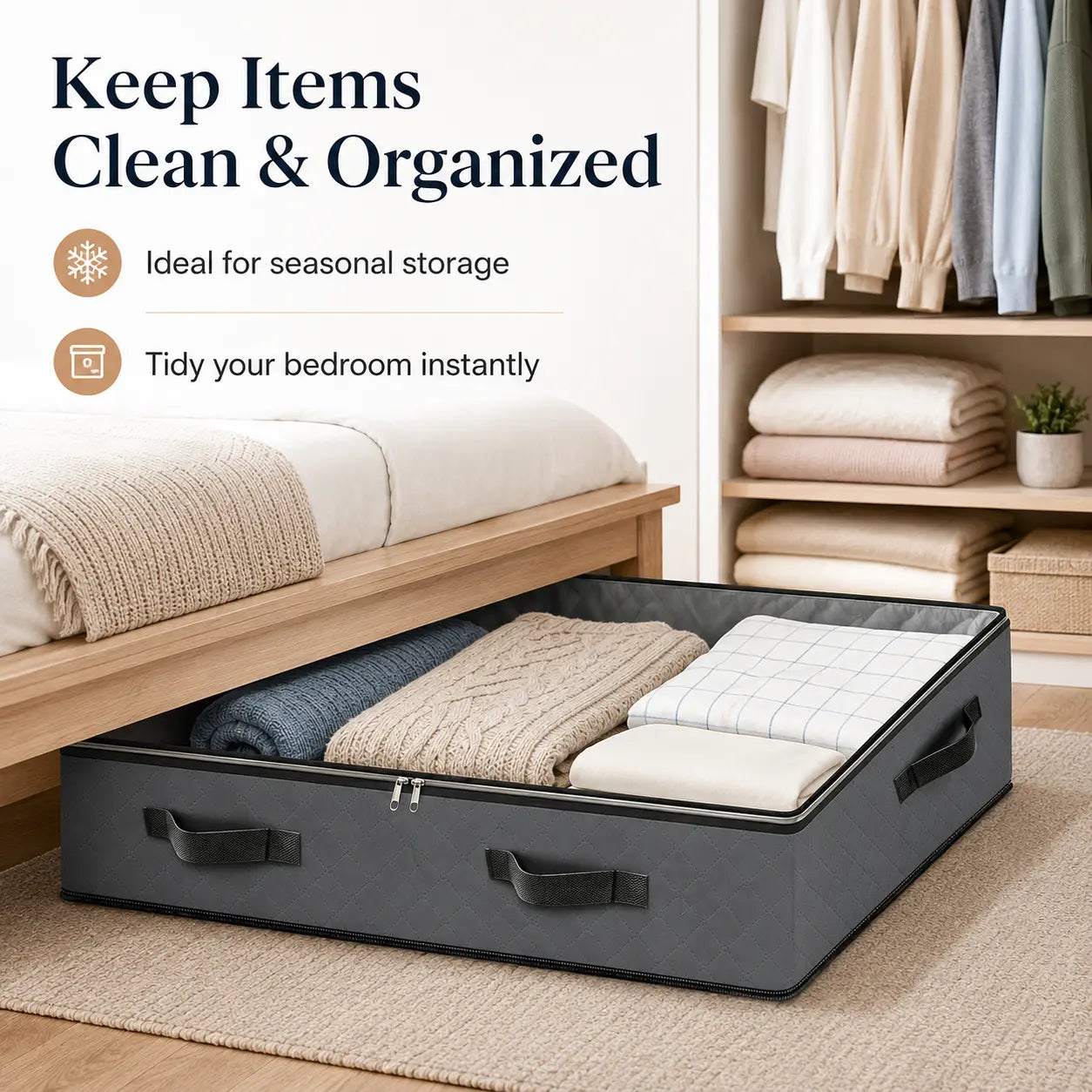 95L Under-Bed Storage Container Large-Capacity Blanket Storage Bag with Reinforced Handles – for Organizing and Storing Comforters, Sheets, and Clothing (Bedroom/College Dorm) – Gray