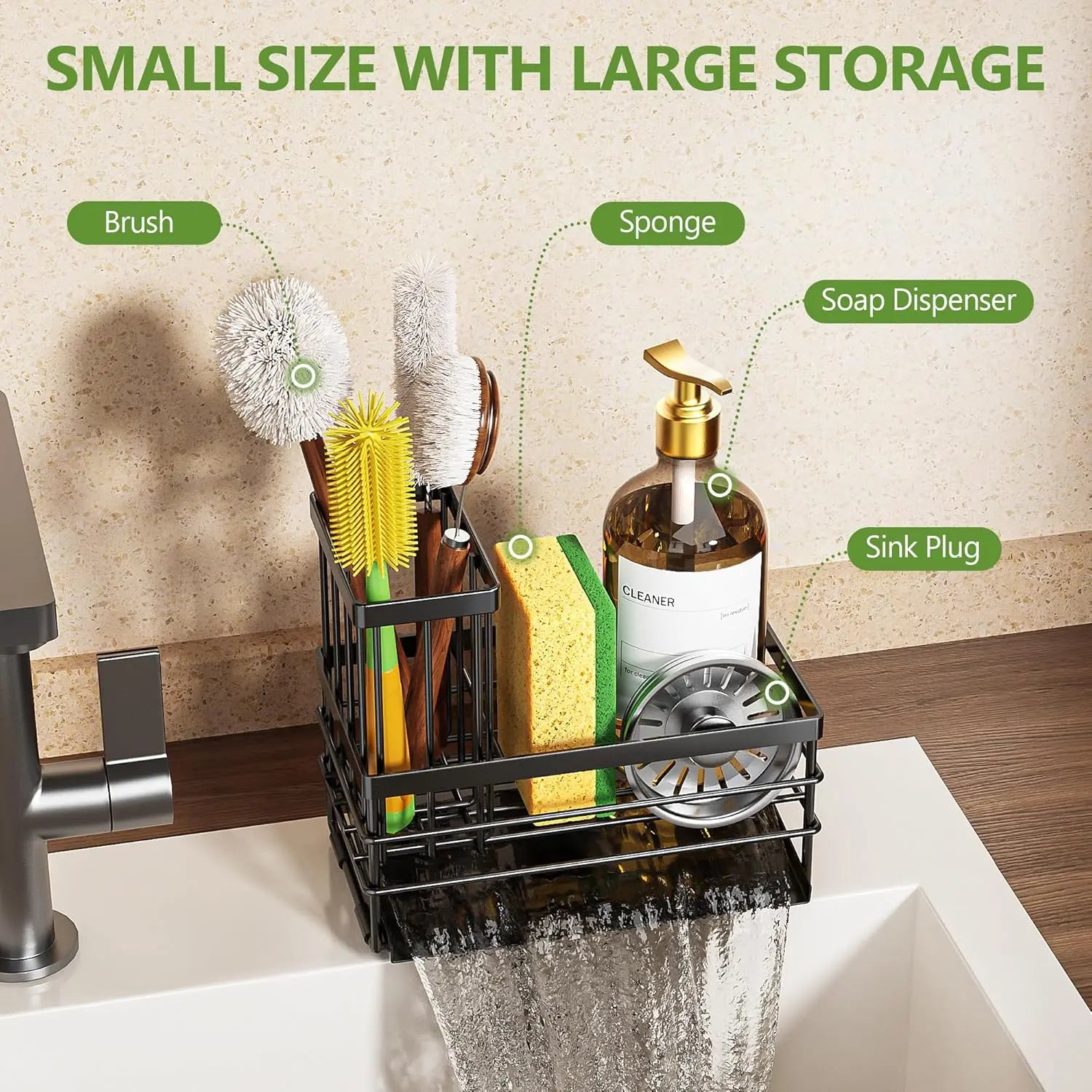 Sturdy Metal Kitchen Sink Organizer Rack for Home Supplies - Durable Black Rustproof Stainless Steel, Self-Drain Tray, Sponge Holder, Brush Holder, Soap Dispenser Storage, Draining Boards