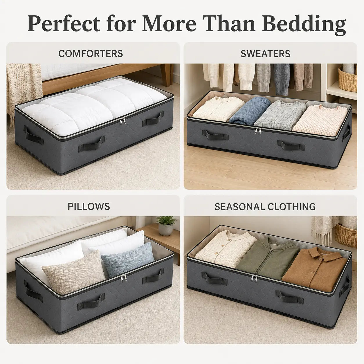 95L Under-Bed Storage Container Large-Capacity Blanket Storage Bag with Reinforced Handles – for Organizing and Storing Comforters, Sheets, and Clothing (Bedroom/College Dorm) – Gray
