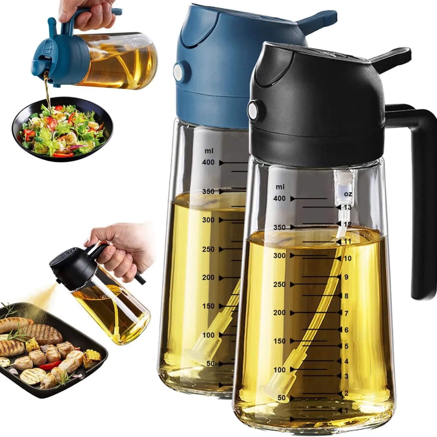 CXINYI 16Oz/470Ml Bpa-Free & Safe PP Glass Oil Sprayer Dispenser, 2-In-1 Heat-Resistant 0-500Ml Oil Mister, Precise Control Kitchen Utensil for Everyday Cooking, Air Fryer Accessories