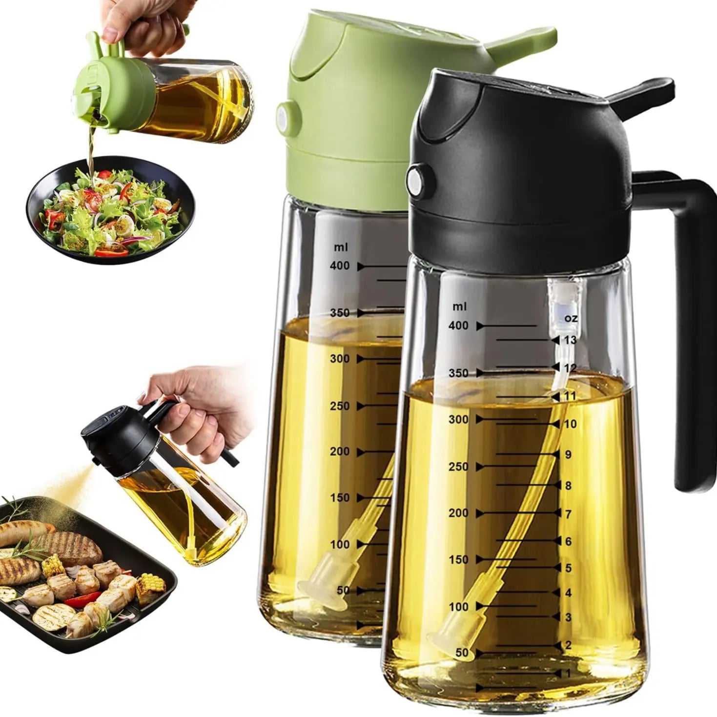 CXINYI 16Oz/470Ml Bpa-Free & Safe PP Glass Oil Sprayer Dispenser, 2-In-1 Heat-Resistant 0-500Ml Oil Mister, Precise Control Kitchen Utensil for Everyday Cooking, Air Fryer Accessories