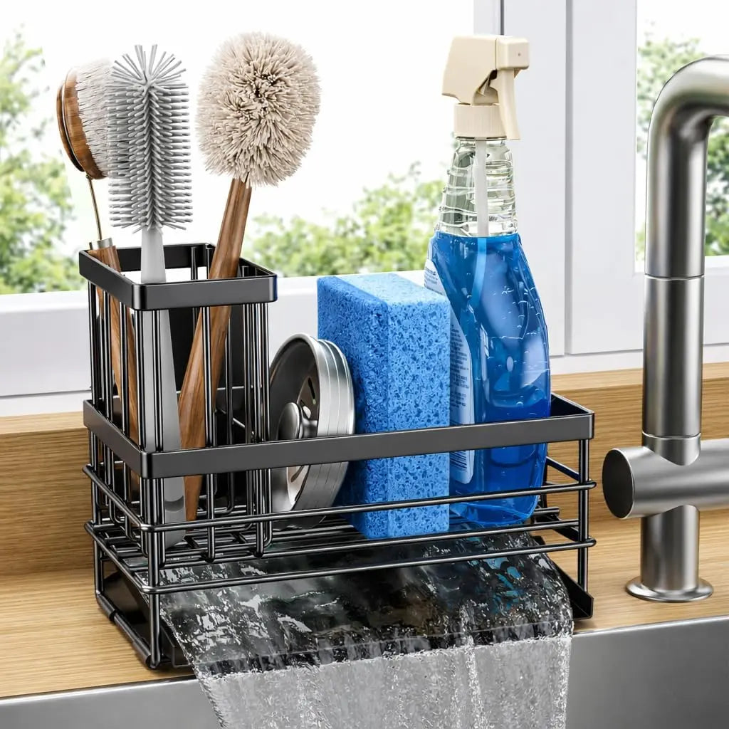 Sturdy Metal Kitchen Sink Organizer Rack for Home Supplies - Durable Black Rustproof Stainless Steel, Self-Drain Tray, Sponge Holder, Brush Holder, Soap Dispenser Storage, Draining Boards
