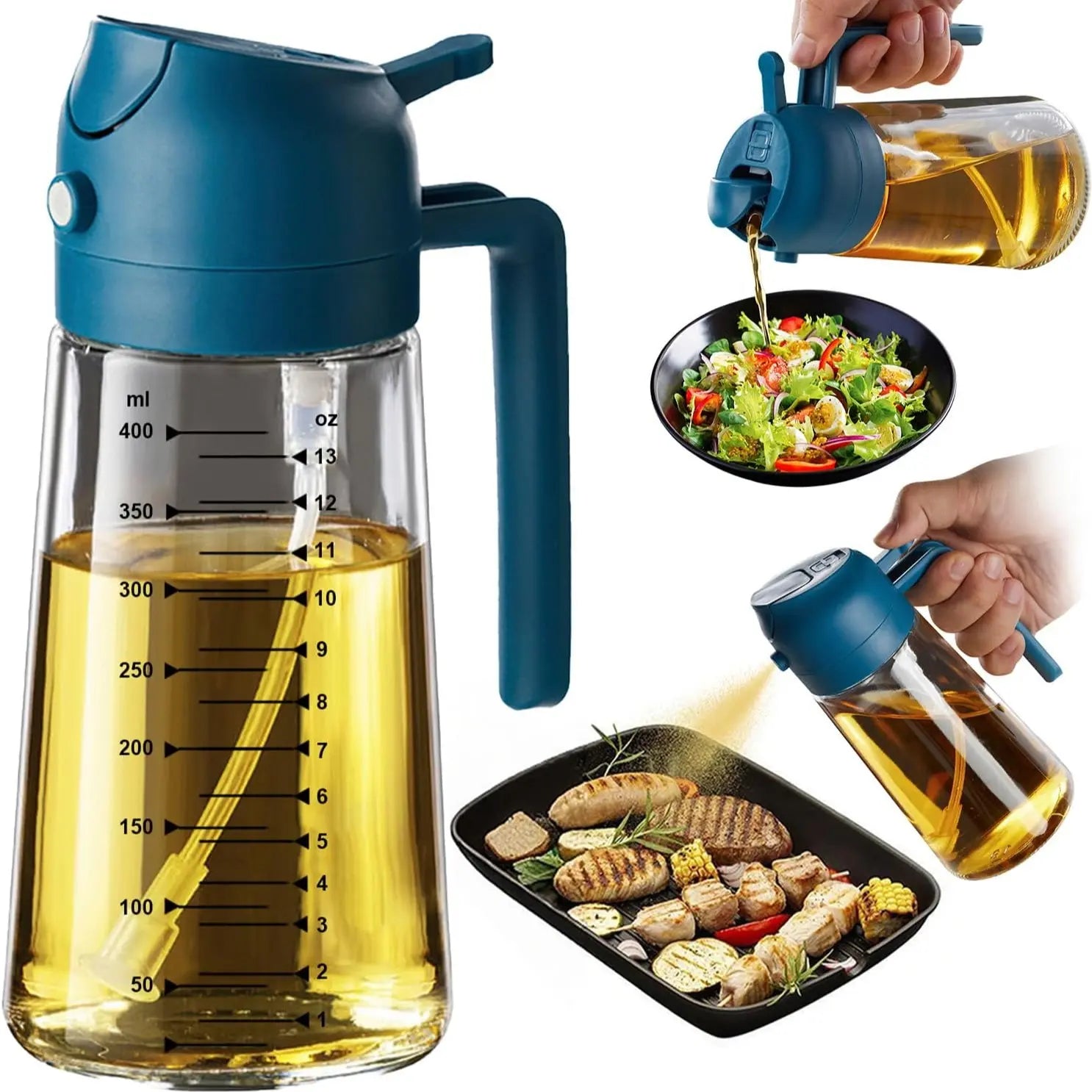 CXINYI 16Oz/470Ml Bpa-Free & Safe PP Glass Oil Sprayer Dispenser, 2-In-1 Heat-Resistant 0-500Ml Oil Mister, Precise Control Kitchen Utensil for Everyday Cooking, Air Fryer Accessories