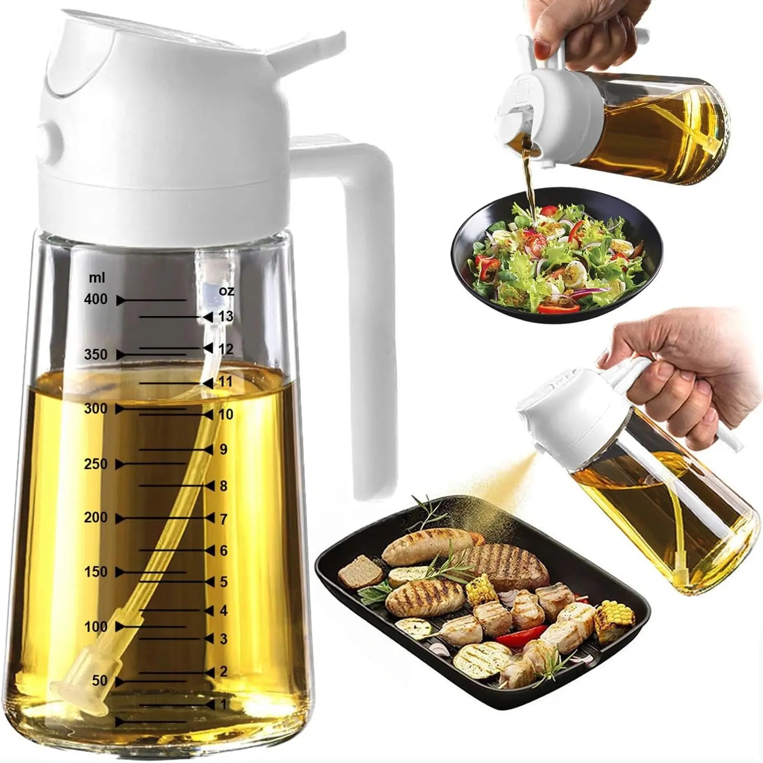 CXINYI 16Oz/470Ml Bpa-Free & Safe PP Glass Oil Sprayer Dispenser, 2-In-1 Heat-Resistant 0-500Ml Oil Mister, Precise Control Kitchen Utensil for Everyday Cooking, Air Fryer Accessories