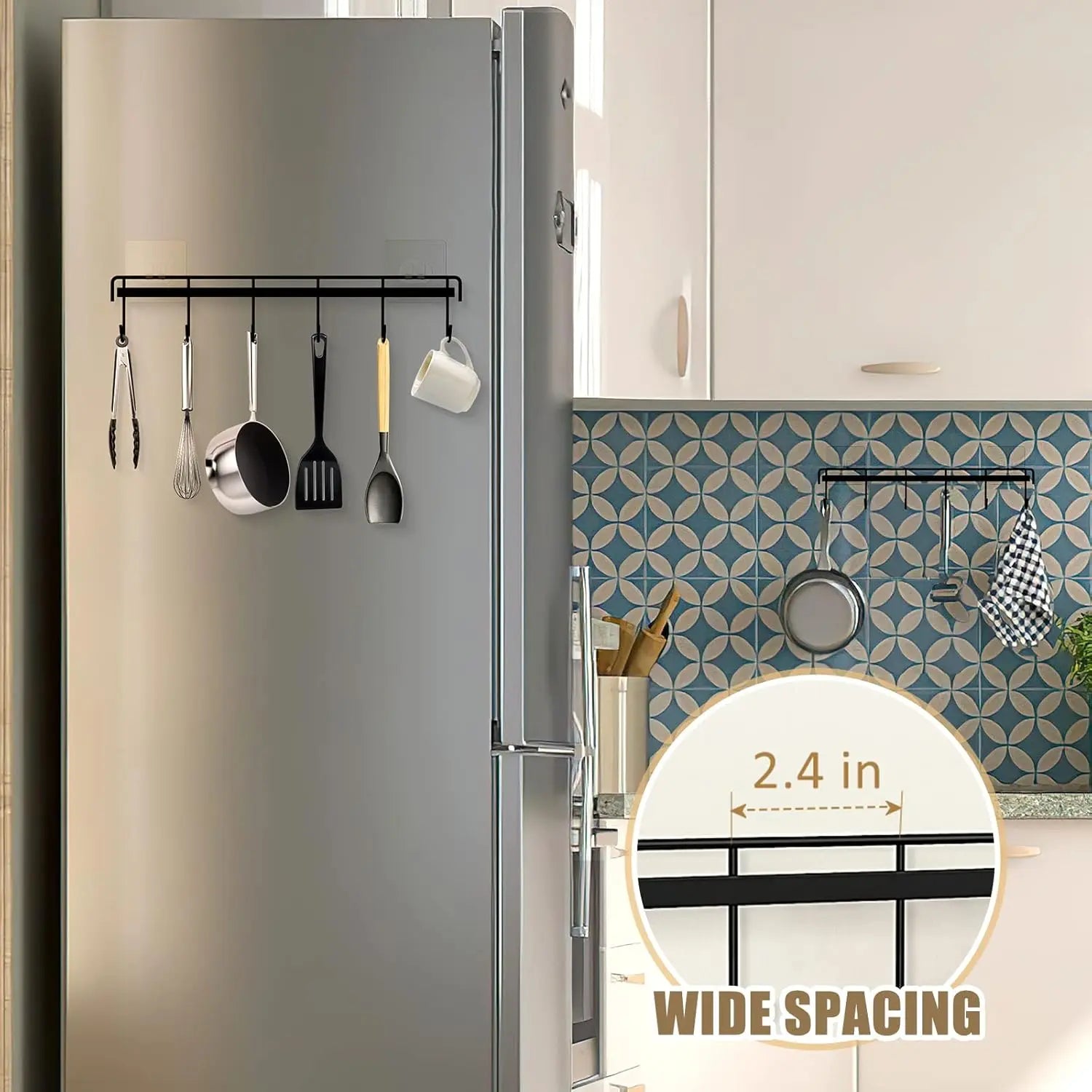 Kitchen Utensil Hanger, Adhesive Utensil Holder Wall Mount Kitchen Rack Rail with 12 Hooks, Space Saving and No Drilling, Black, 2 Pcs