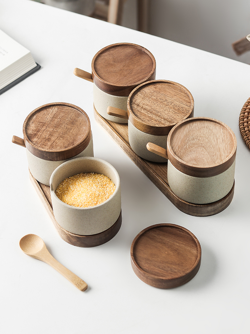 Ceramic Spice Set with Acacia Wood Tray – 3-Piece Kitchen Seasoning Organizer