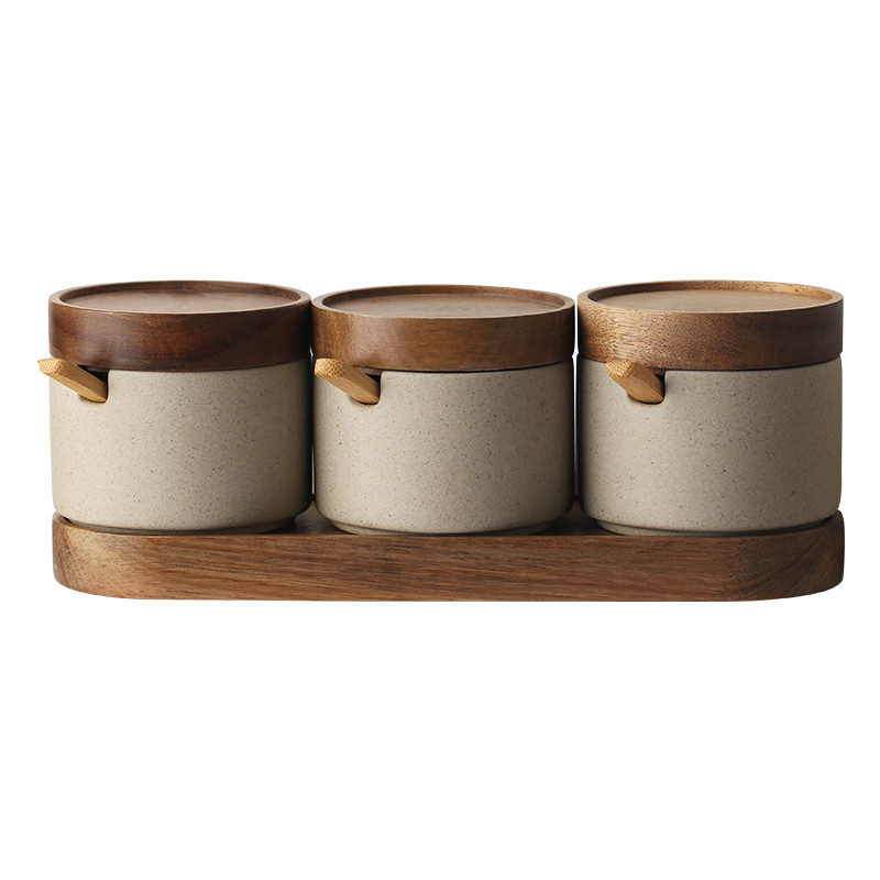 Ceramic Spice Set with Acacia Wood Tray – 3-Piece Kitchen Seasoning Organizer