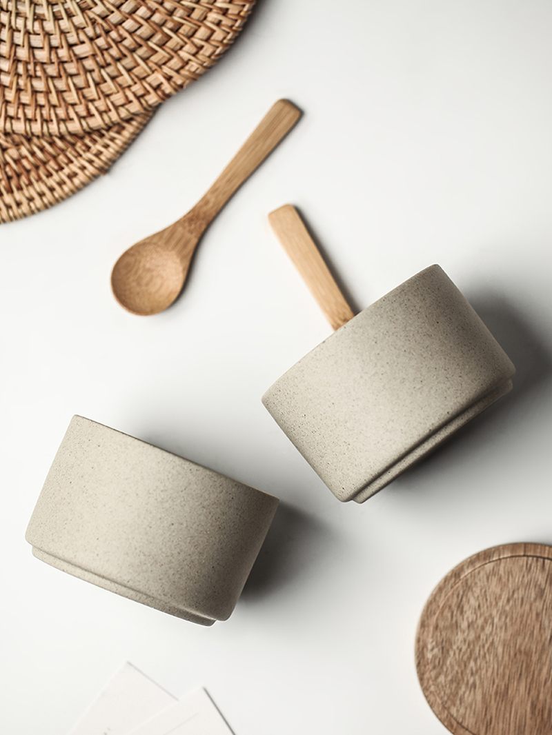 Ceramic Spice Set with Acacia Wood Tray – 3-Piece Kitchen Seasoning Organizer