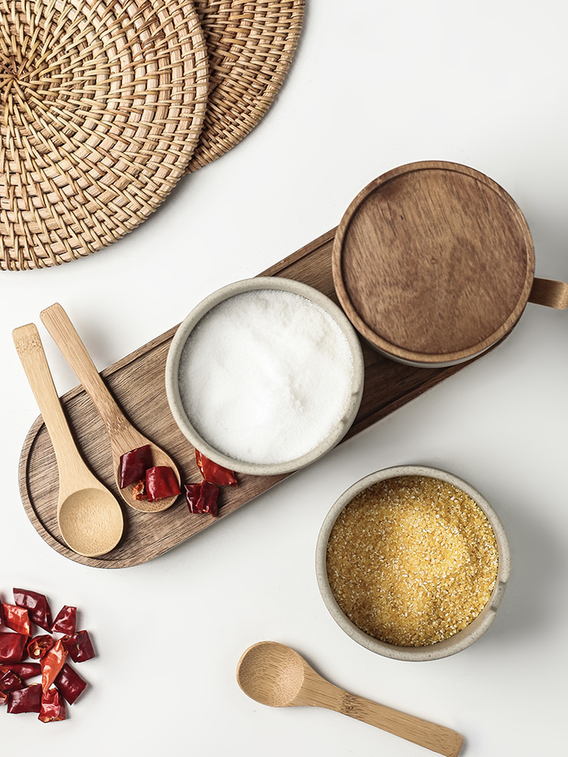 Ceramic Spice Set with Acacia Wood Tray – 3-Piece Kitchen Seasoning Organizer