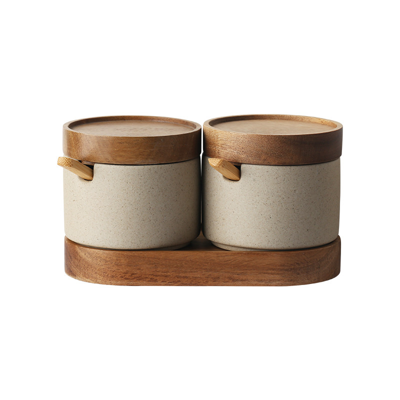 Ceramic Spice Set with Acacia Wood Tray – 3-Piece Kitchen Seasoning Organizer