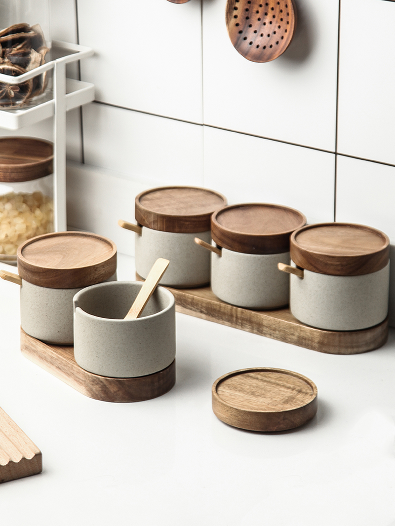 Ceramic Spice Set with Acacia Wood Tray – 3-Piece Kitchen Seasoning Organizer