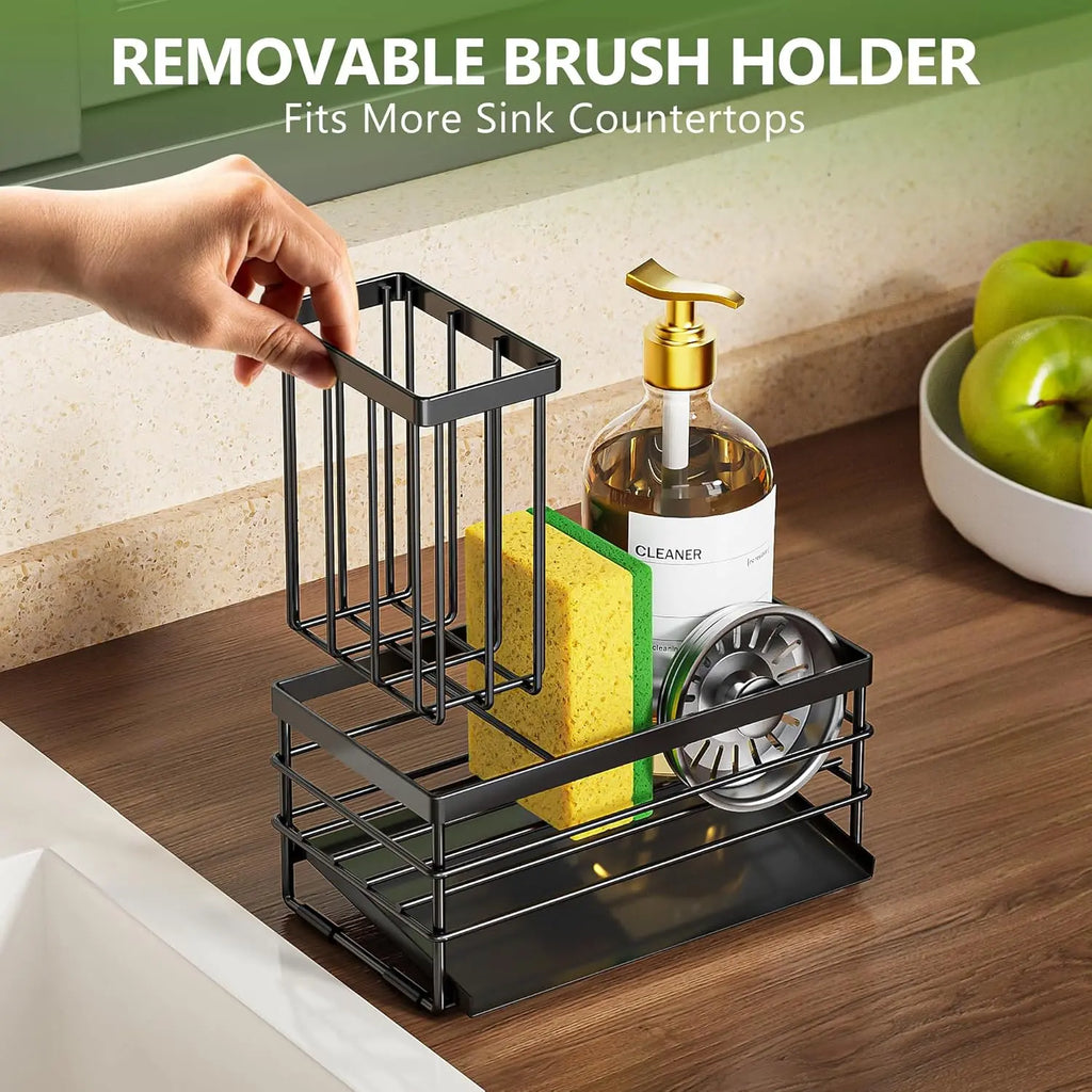Sturdy Metal Kitchen Sink Organizer Rack for Home Supplies - Durable Black Rustproof Stainless Steel, Self-Drain Tray, Sponge Holder, Brush Holder, Soap Dispenser Storage, Draining Boards