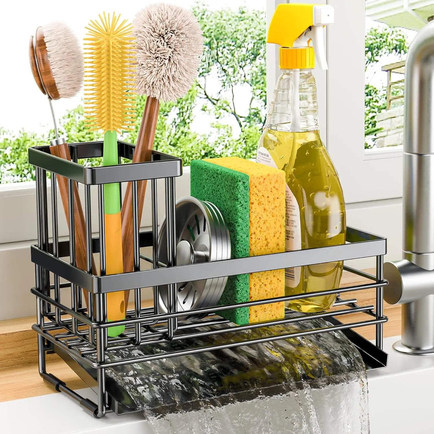 Sturdy Metal Kitchen Sink Organizer Rack for Home Supplies - Durable Black Rustproof Stainless Steel, Self-Drain Tray, Sponge Holder, Brush Holder, Soap Dispenser Storage, Draining Boards