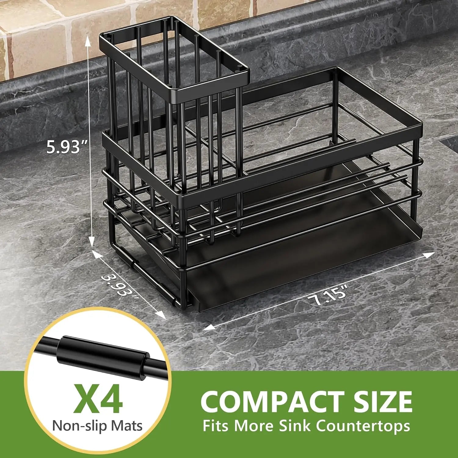 Sturdy Metal Kitchen Sink Organizer Rack for Home Supplies - Durable Black Rustproof Stainless Steel, Self-Drain Tray, Sponge Holder, Brush Holder, Soap Dispenser Storage, Draining Boards